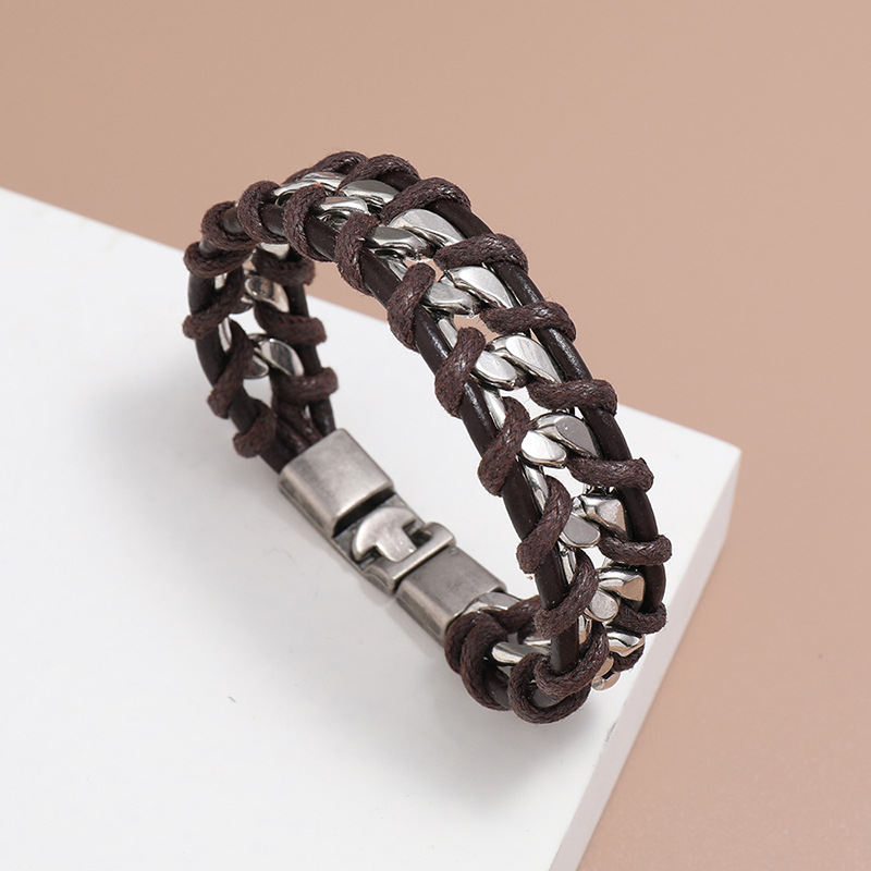 New design metal chain leather woven Bracelet genuine leather handmade bangle men gift