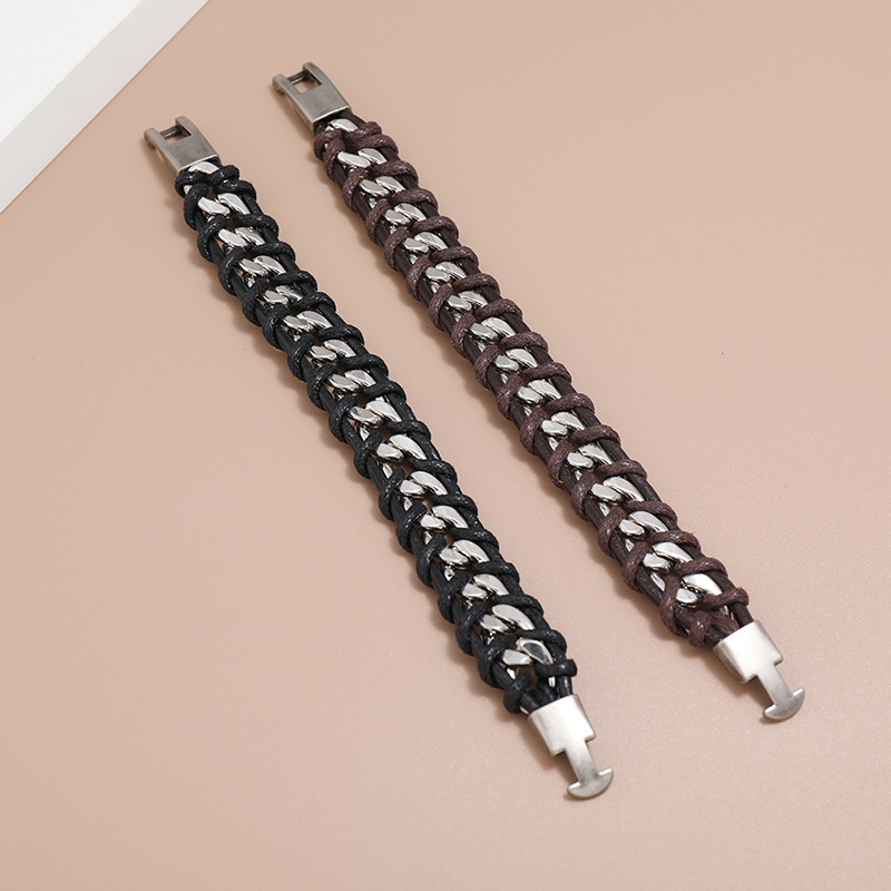 New design metal chain leather woven Bracelet genuine leather handmade bangle men gift
