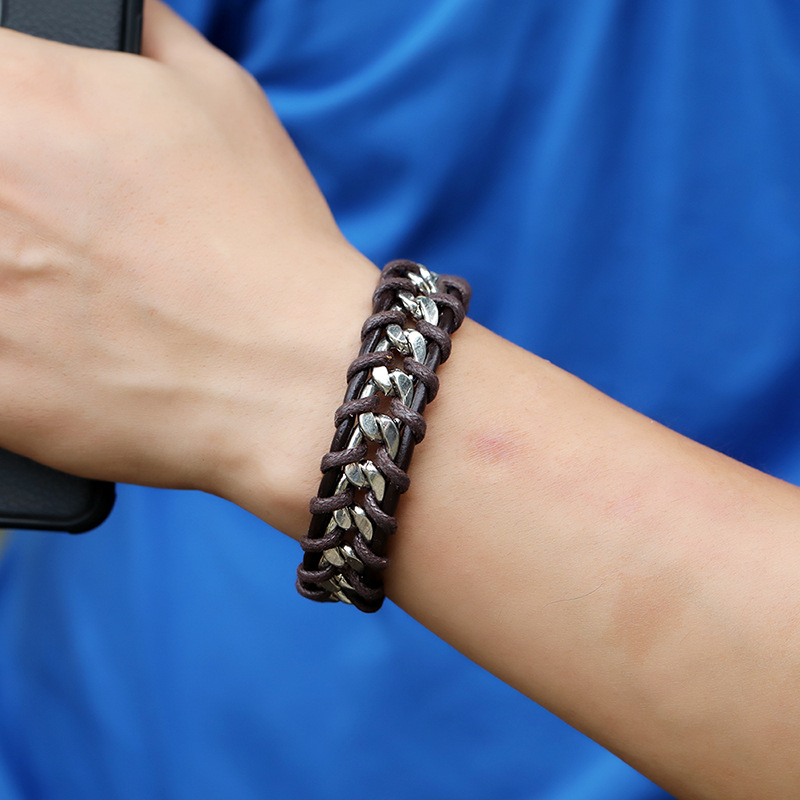 New design metal chain leather woven Bracelet genuine leather handmade bangle men gift