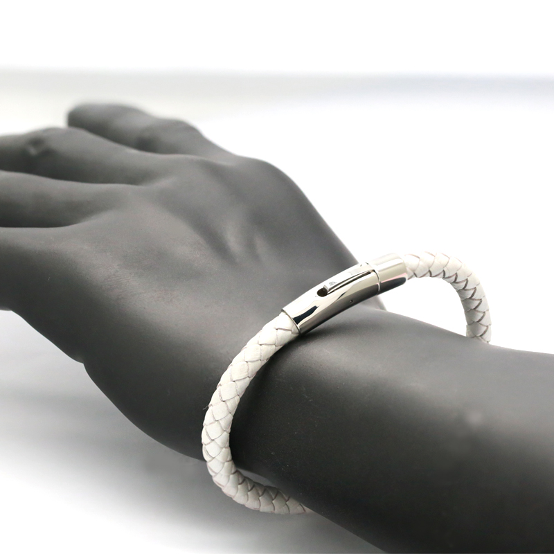 2022 New Design Braided Leather Mens Bracelet Stainless Steel Snap Clasp Woven Leather Bangle Bracelet