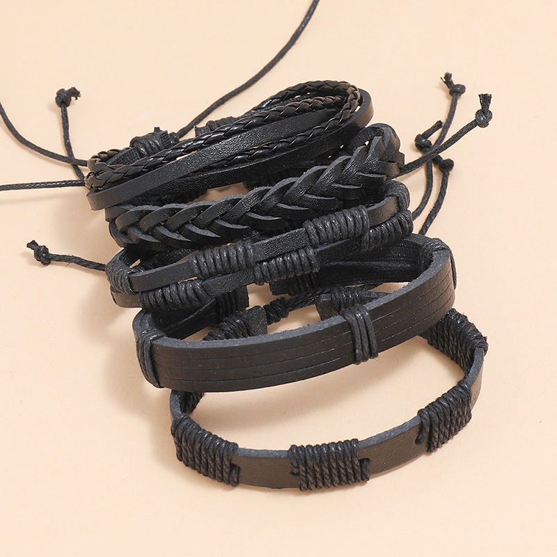 Retro Simple Woven Black Leather Bracelet DIY 5 Piece Set Combination Men's Bracelet Jewelry Set
