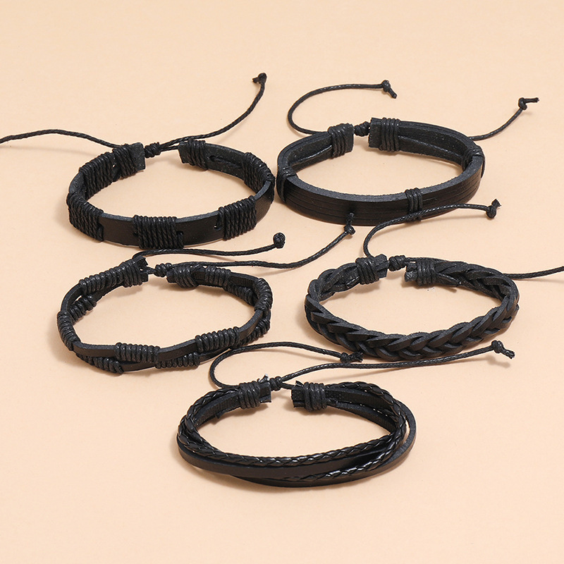 Retro Simple Woven Black Leather Bracelet DIY 5 Piece Set Combination Men's Bracelet Jewelry Set
