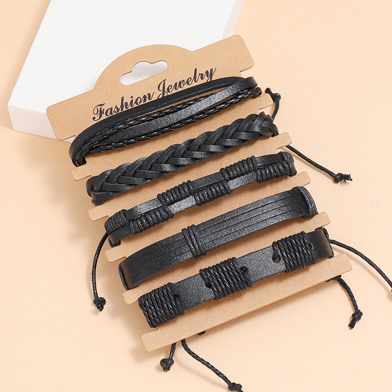 Retro Simple Woven Black Leather Bracelet DIY 5 Piece Set Combination Men's Bracelet Jewelry Set
