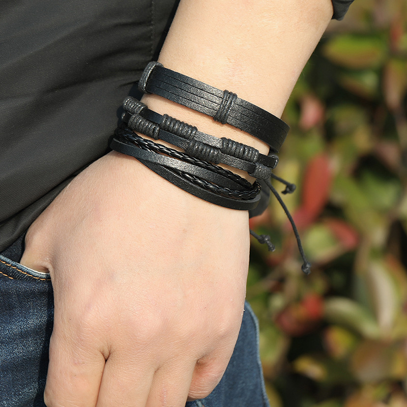 Retro Simple Woven Black Leather Bracelet DIY 5 Piece Set Combination Men's Bracelet Jewelry Set