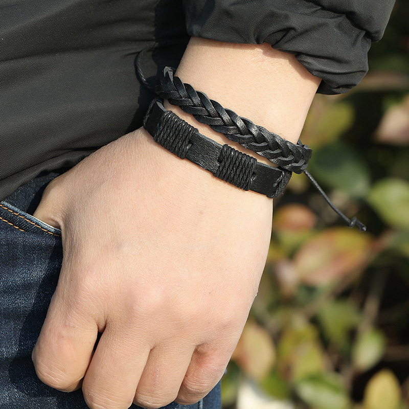 Retro Simple Woven Black Leather Bracelet DIY 5 Piece Set Combination Men's Bracelet Jewelry Set