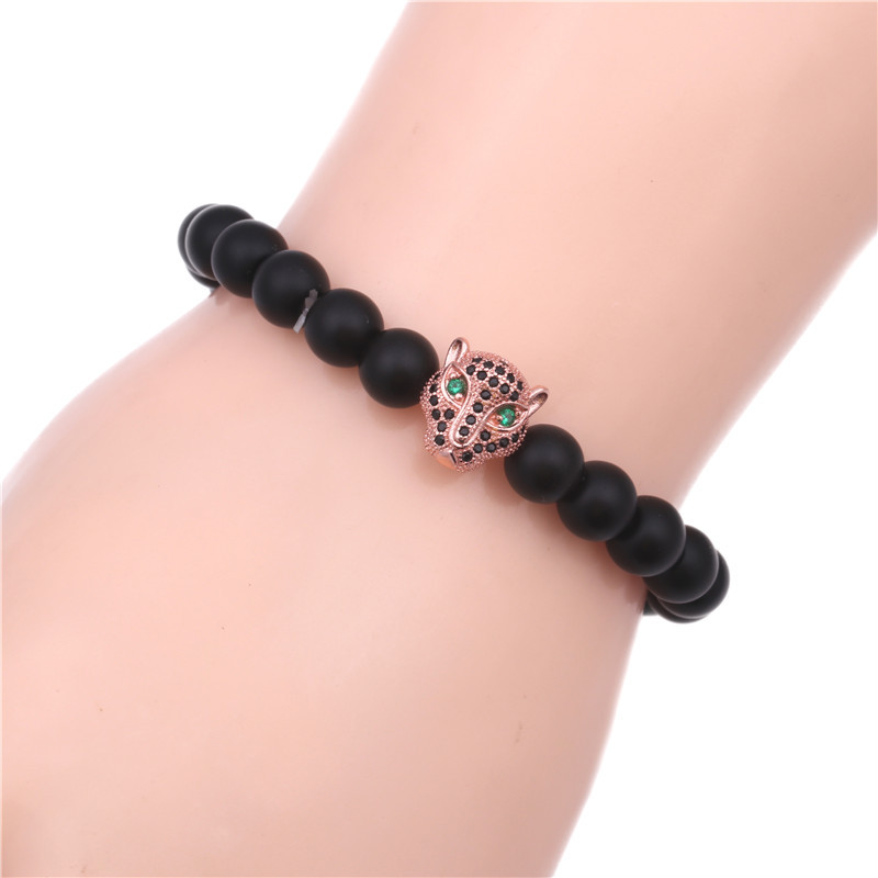 Alibaba Hot Sale Black Onyx Beads Leopard Head Bracelet Matte Agate Stone Beads CZ Leopard Head Charm Beads Bracelets fo