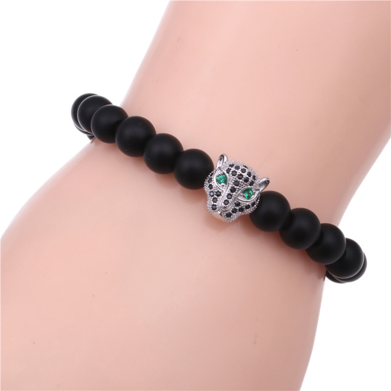 Alibaba Hot Sale Black Onyx Beads Leopard Head Bracelet Matte Agate Stone Beads CZ Leopard Head Charm Beads Bracelets fo
