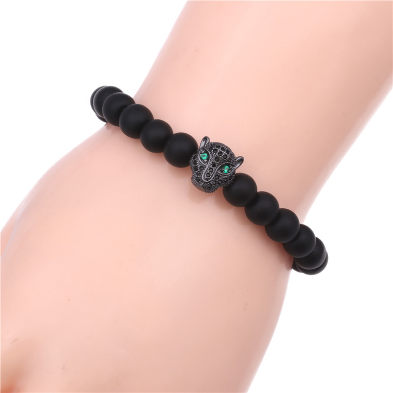 Alibaba Hot Sale Black Onyx Beads Leopard Head Bracelet Matte Agate Stone Beads CZ Leopard Head Charm Beads Bracelets fo