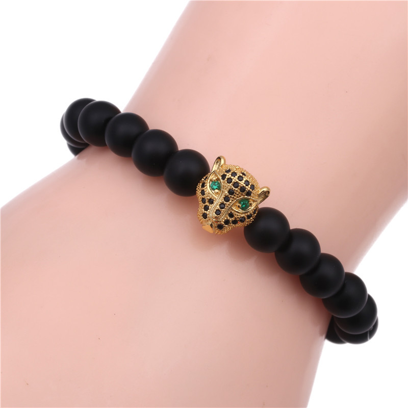 Alibaba Hot Sale Black Onyx Beads Leopard Head Bracelet Matte Agate Stone Beads CZ Leopard Head Charm Beads Bracelets fo