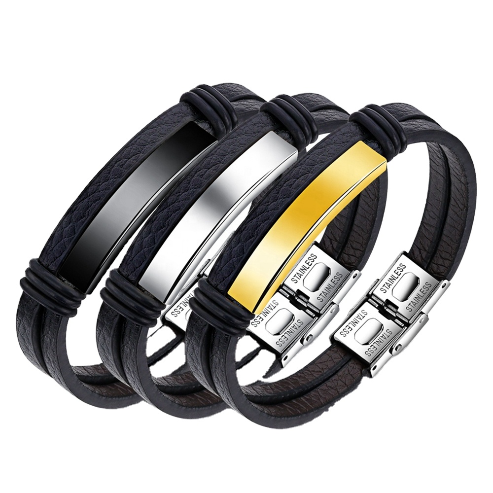   Personalized Men Magnetic Stainless Steel Genuine Leather Bracelet Bangle 