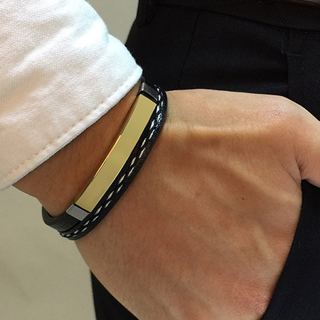   Personalized Men Magnetic Stainless Steel Genuine Leather Bracelet Bangle 