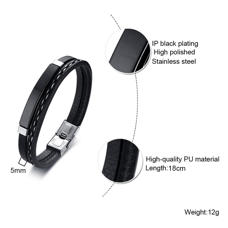   Personalized Men Magnetic Stainless Steel Genuine Leather Bracelet Bangle 