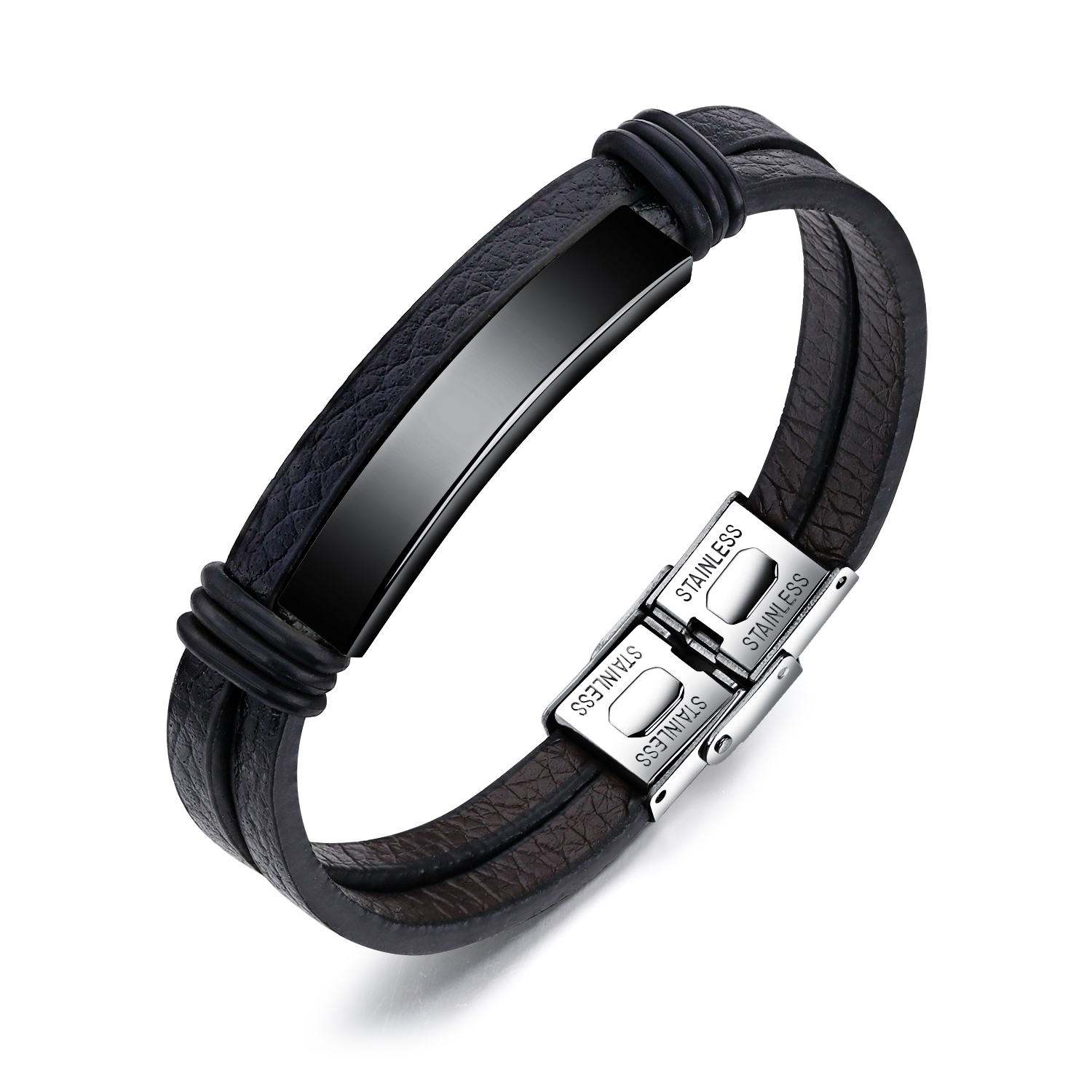   Personalized Men Magnetic Stainless Steel Genuine Leather Bracelet Bangle 