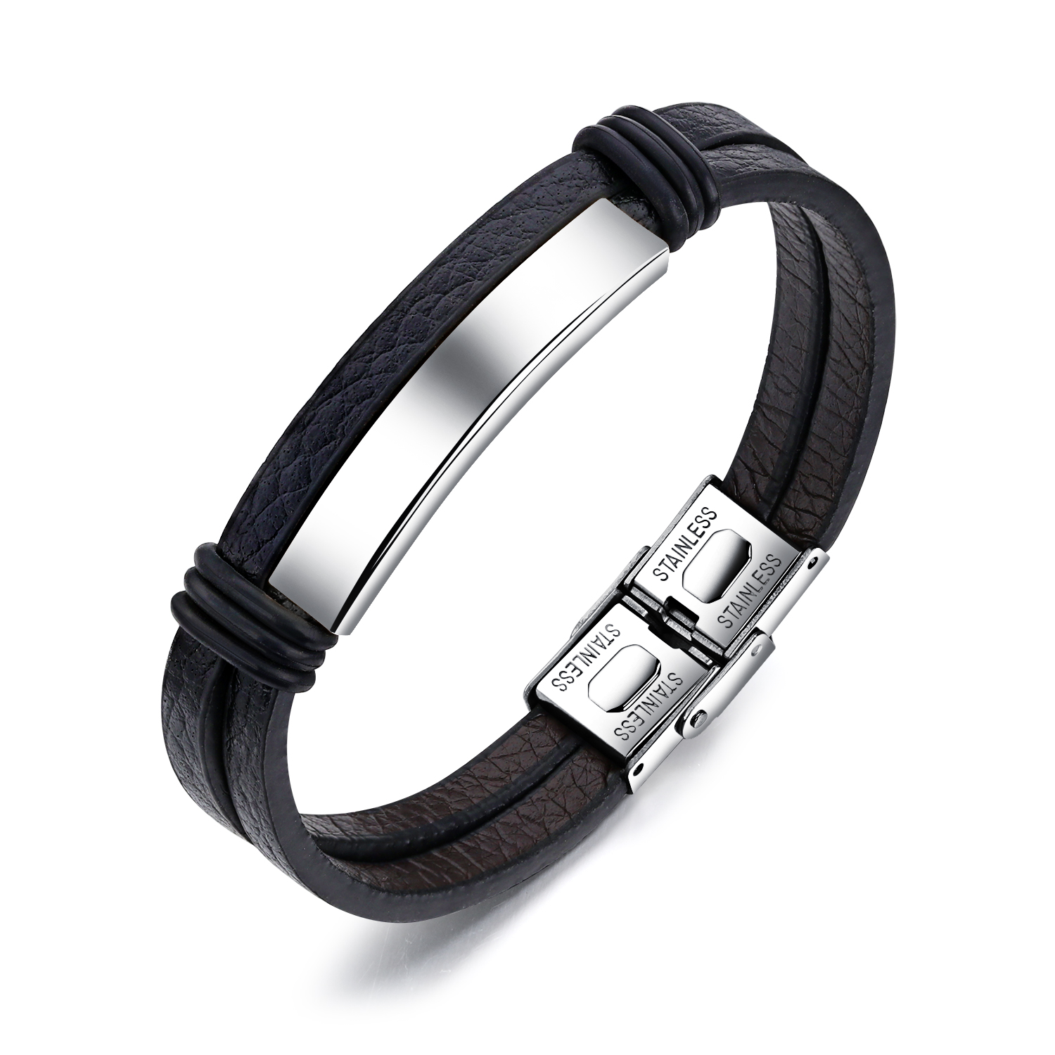   Personalized Men Magnetic Stainless Steel Genuine Leather Bracelet Bangle 