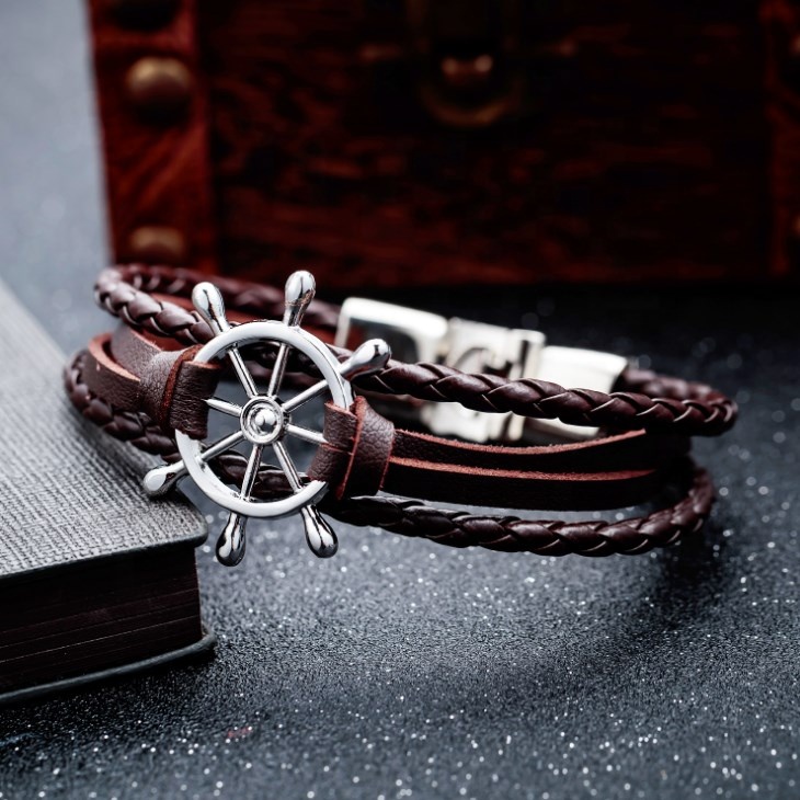 Vnox Vintage Rudder Charm Bracelet for Men Women Leather Rope Bangles 7.87"