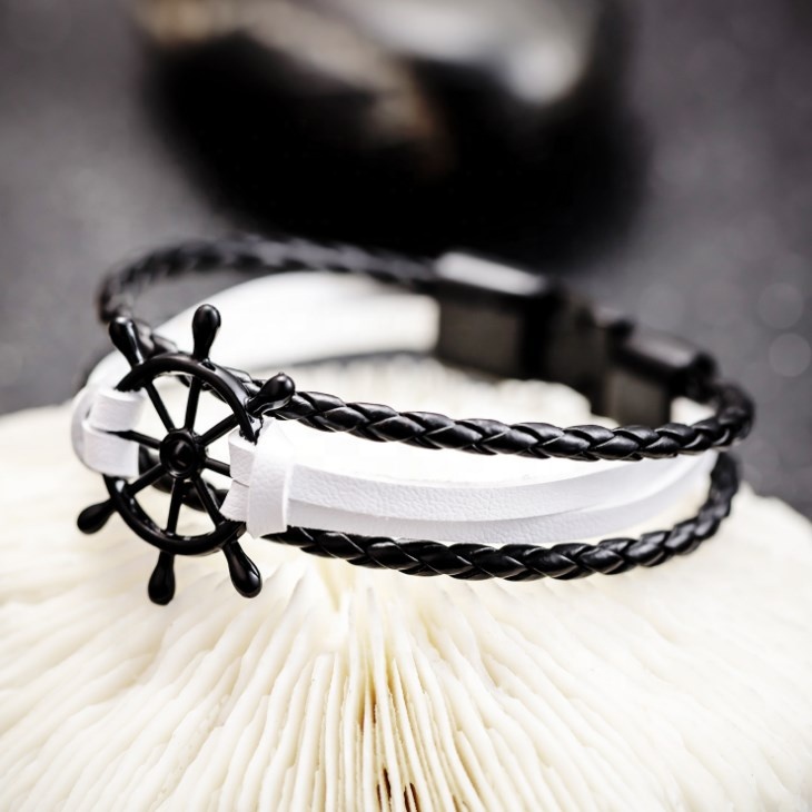 Vnox Vintage Rudder Charm Bracelet for Men Women Leather Rope Bangles 7.87"