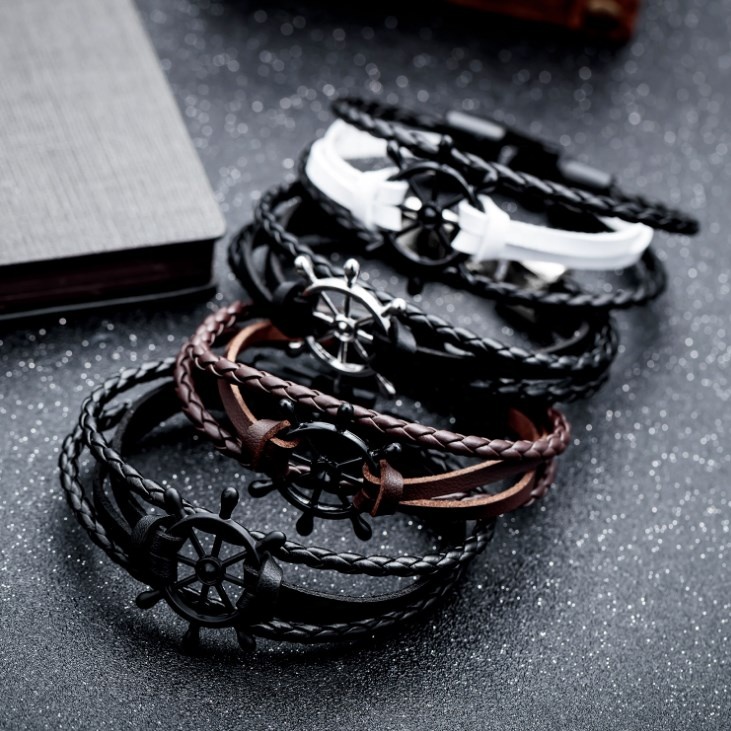 Vnox Vintage Rudder Charm Bracelet for Men Women Leather Rope Bangles 7.87"