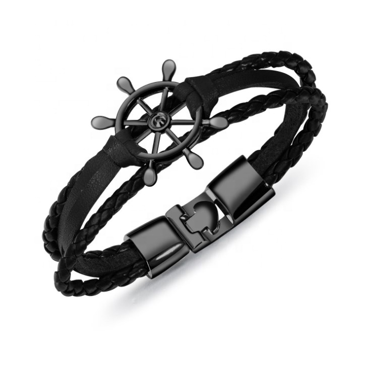 Vnox Vintage Rudder Charm Bracelet for Men Women Leather Rope Bangles 7.87"