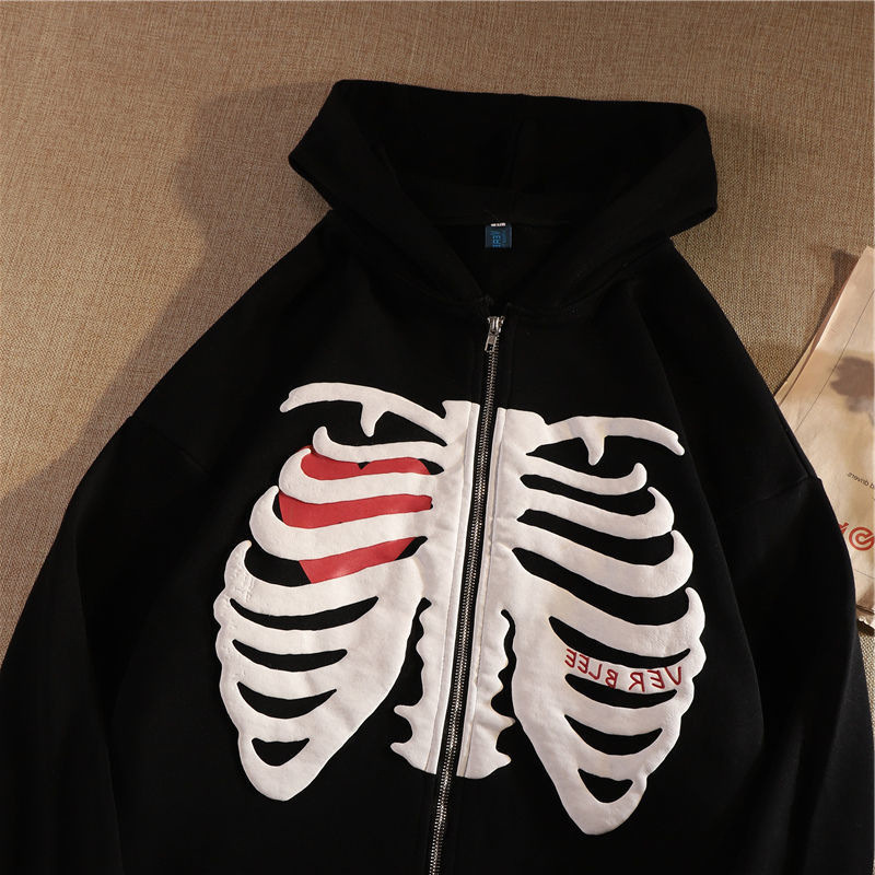 Women Men 3D Print Y2K Hoodie Harajuku Korean Style Loose Skeleton Zip Up Hoodie Goth Grunge Long-sleeved Jacket