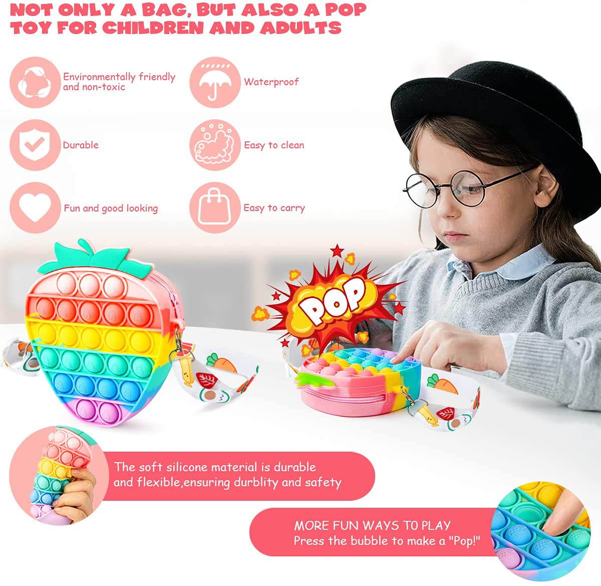Kids Strawberry Pop Fidget Bag Rainbow Silicone Push Pop Bubble Fidget Popper Purse Crossbody Bags Messenger Should Bag