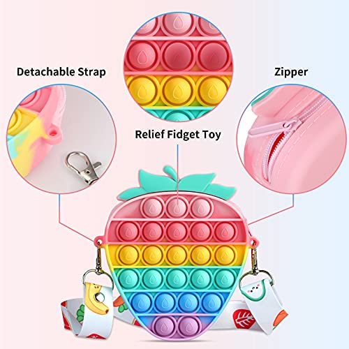 Kids Strawberry Pop Fidget Bag Rainbow Silicone Push Pop Bubble Fidget Popper Purse Crossbody Bags Messenger Should Bag