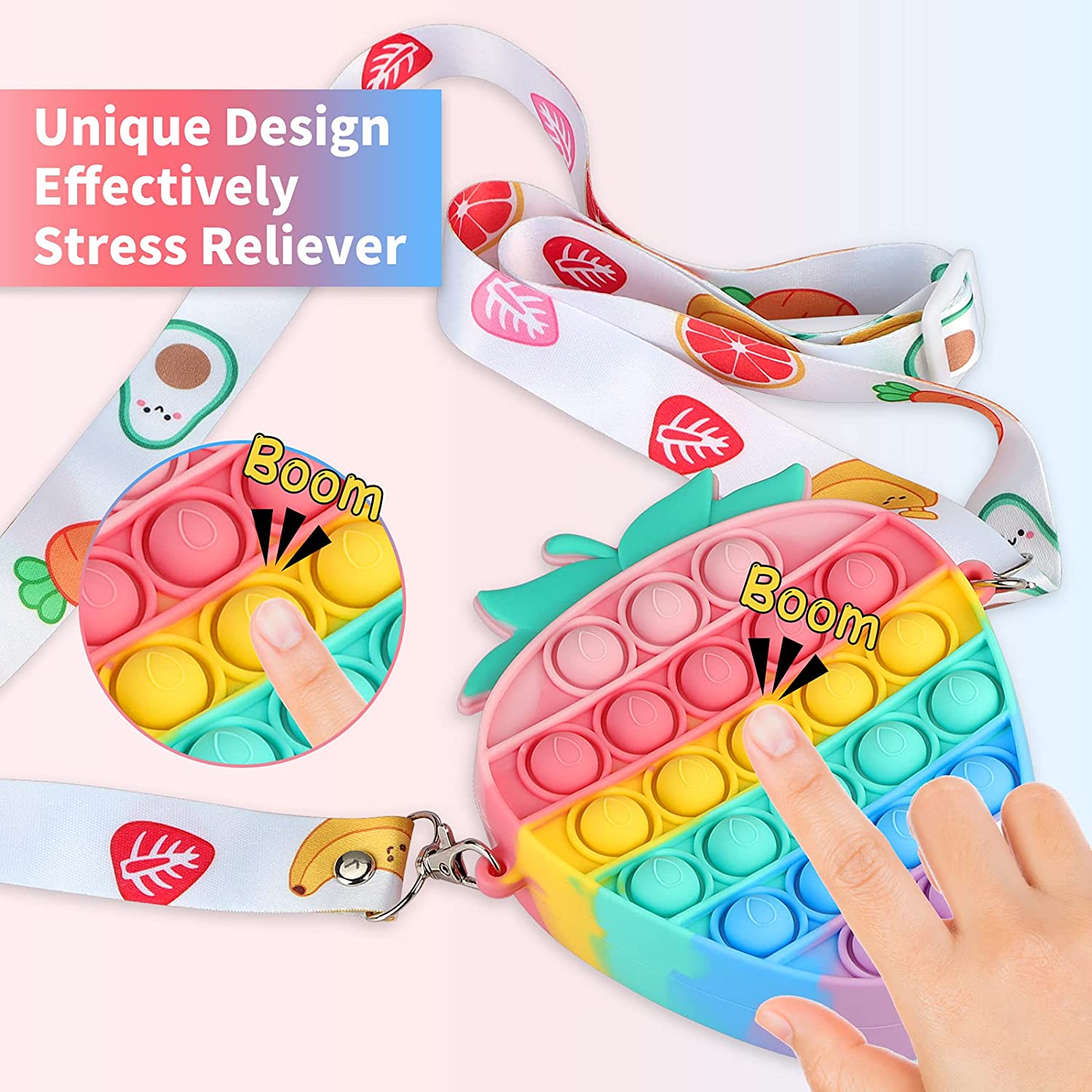 Kids Strawberry Pop Fidget Bag Rainbow Silicone Push Pop Bubble Fidget Popper Purse Crossbody Bags Messenger Should Bag