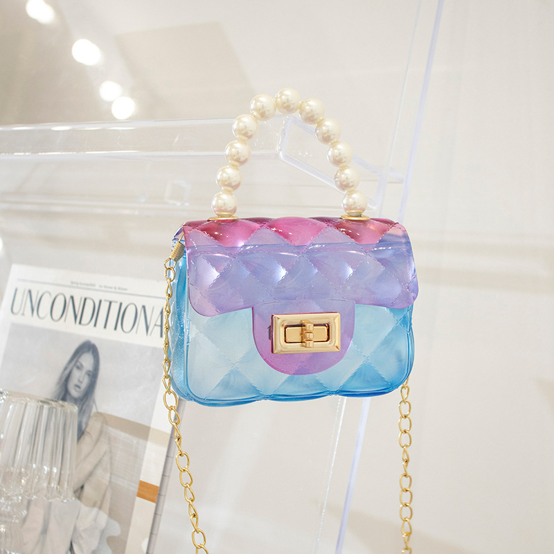 rainbow Messenger Portable Chain Bag Girl Jelly Pearl Bag Crossbody Rhombus kids jelly purses and bags