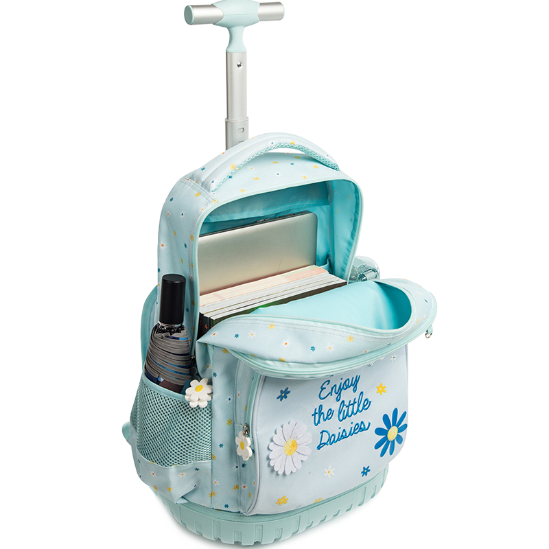 Jasminestar Children Light Blue School Bag Shoulder Bag Pencil Case Kids Backpack Trolley Set With Flower Embroidery For