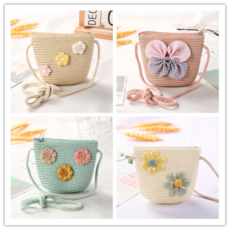 Cute Mini Coin Purse Children Kids Light Shoulder Crossbody Small Straw Rattan Bucket Bag Handbag