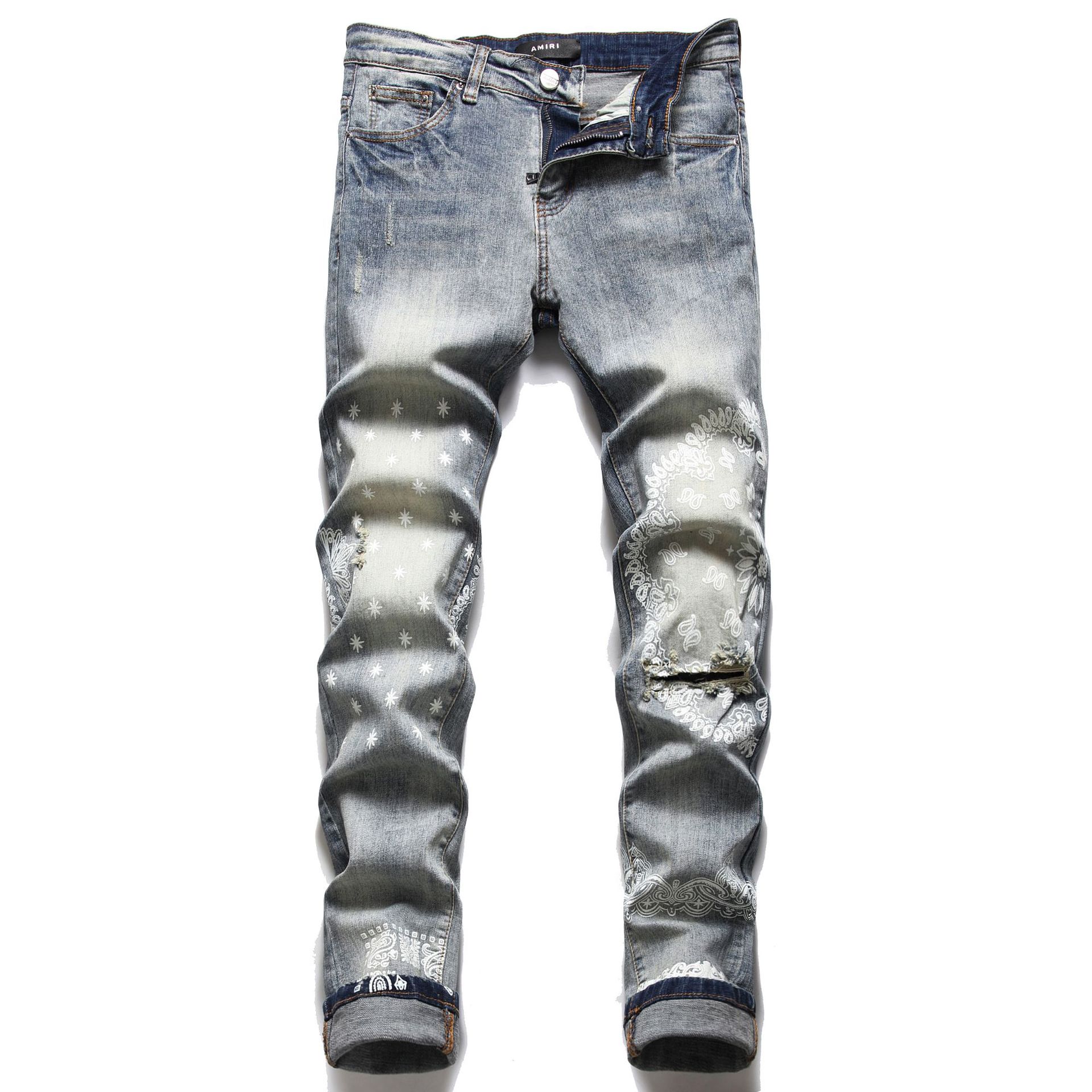 Biker Trousers Jeans Destroyed Ripped Men's Denim Monkey White Bleach Light Western Street