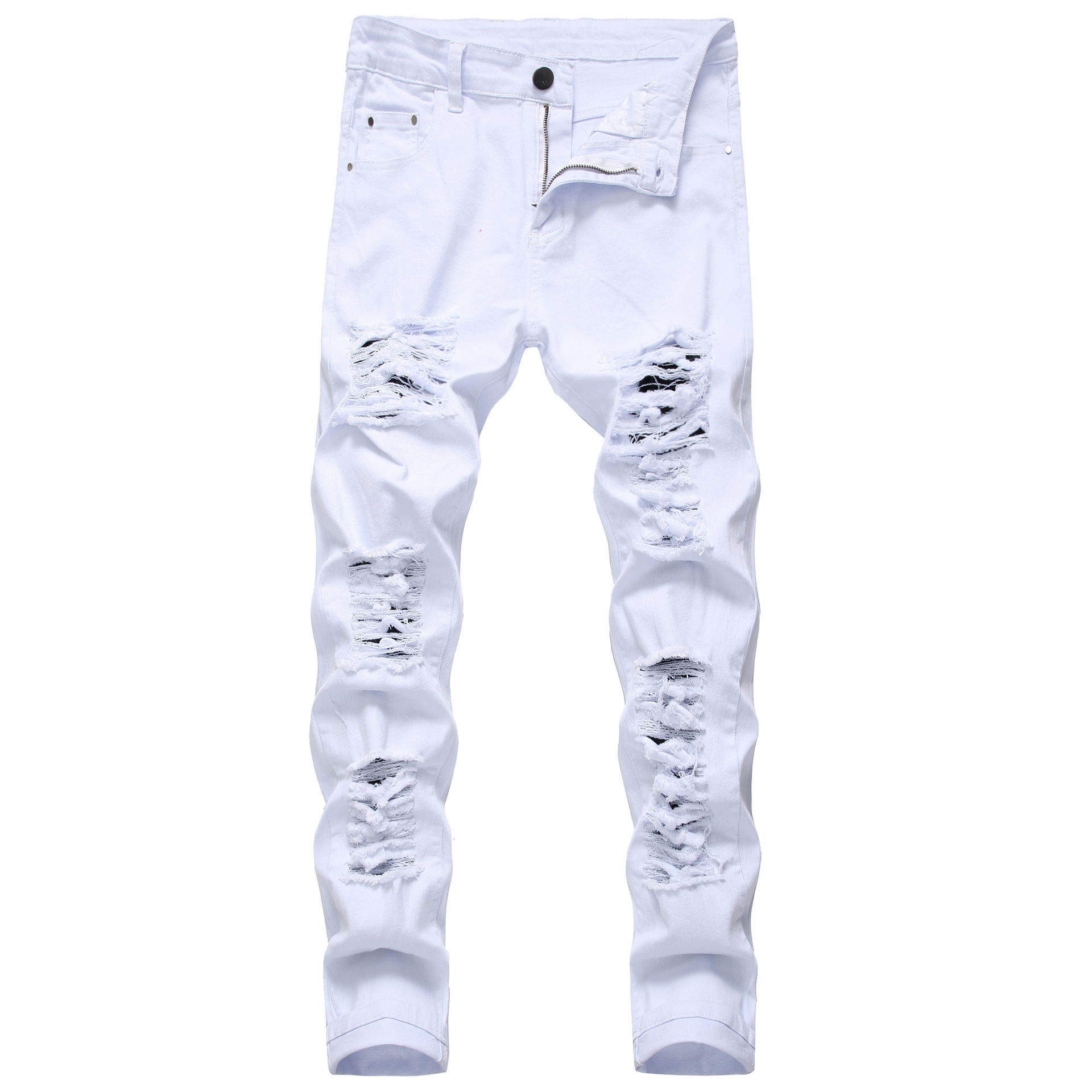 Men's red black jeans white jeans casual big hole stretch trousers Slim denim men's multi-hole jeans pants for men