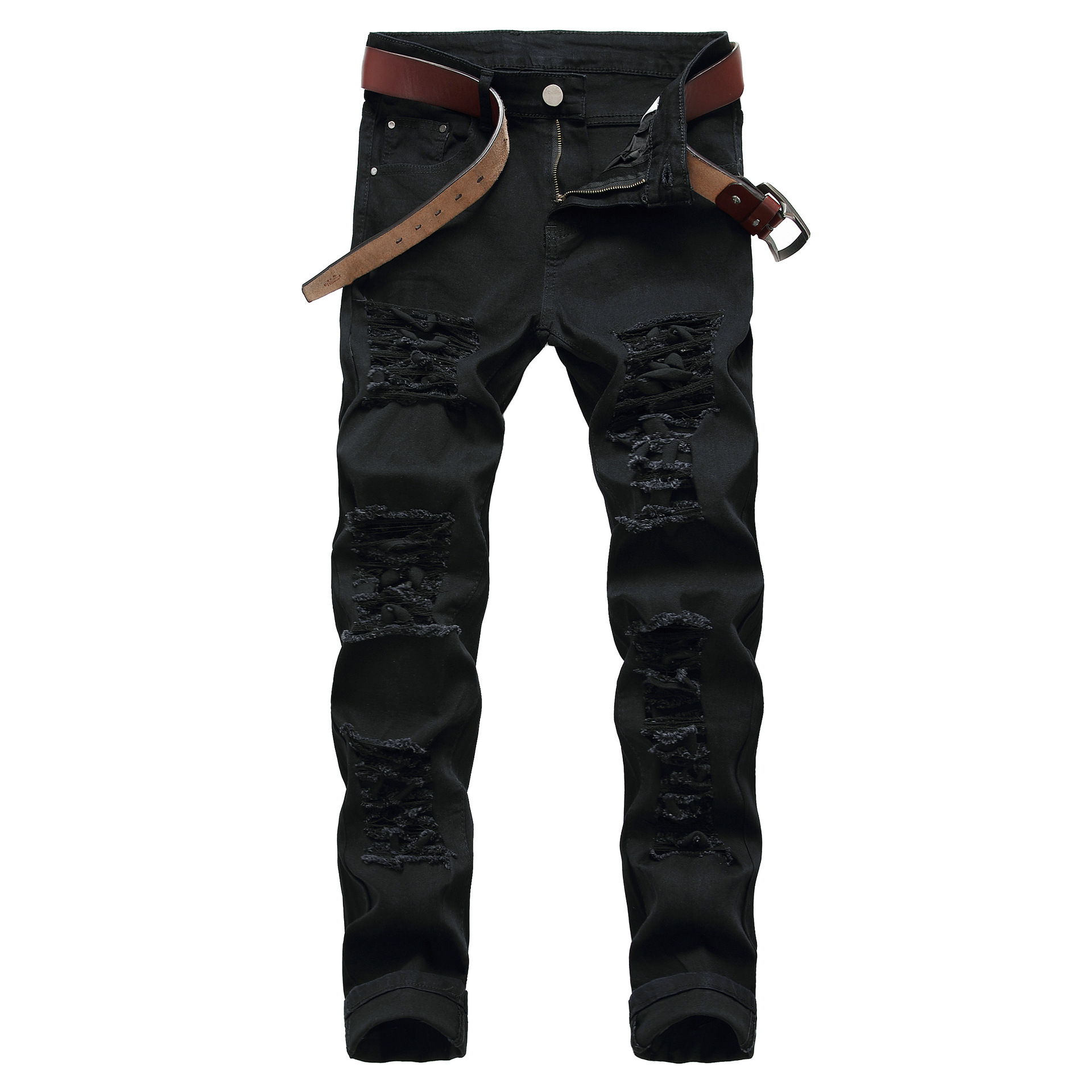 Men's red black jeans white jeans casual big hole stretch trousers Slim denim men's multi-hole jeans pants for men