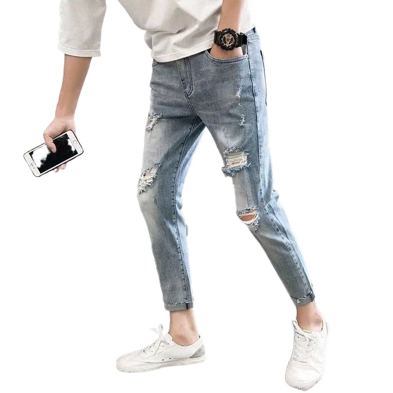Summer Thin Ripped Cropped Jeans Men's Slim Fit Skinny Pants Korean Style Trendy Casual Pants