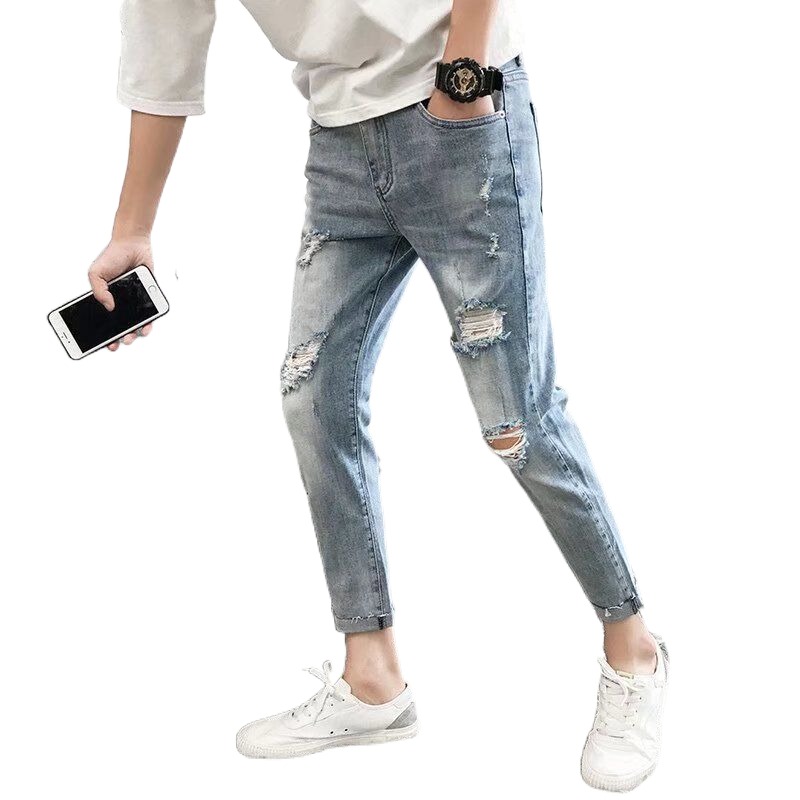 Summer Thin Ripped Cropped Jeans Men's Slim Fit Skinny Pants Korean Style Trendy Casual Pants