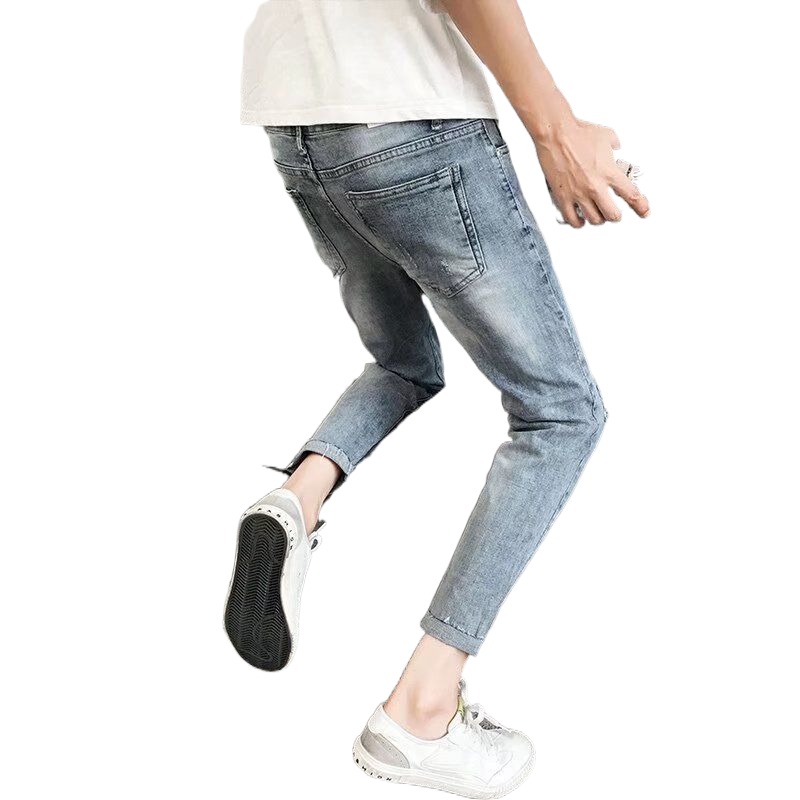 Summer Thin Ripped Cropped Jeans Men's Slim Fit Skinny Pants Korean Style Trendy Casual Pants