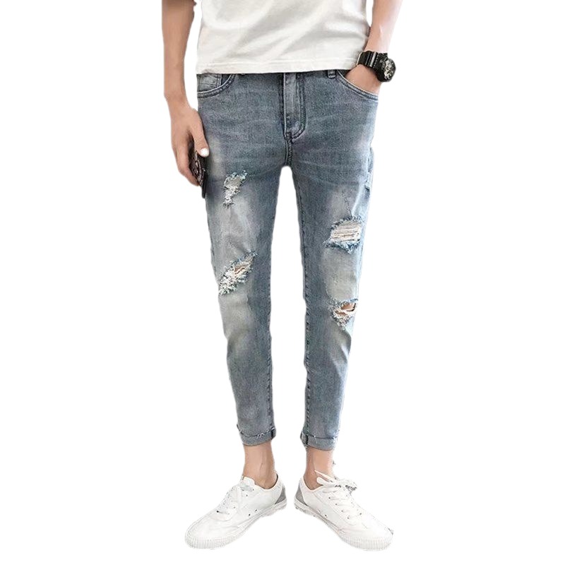 Summer Thin Ripped Cropped Jeans Men's Slim Fit Skinny Pants Korean Style Trendy Casual Pants