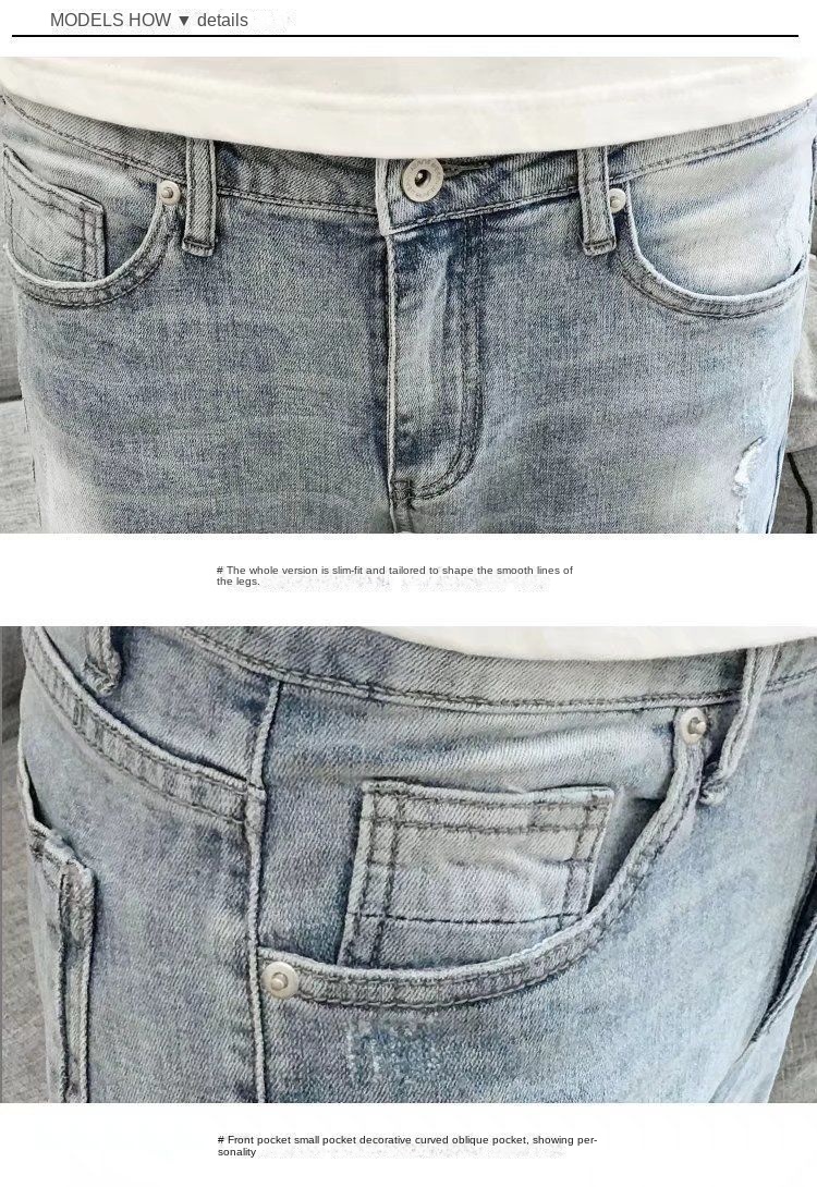 Summer Thin Ripped Cropped Jeans Men's Slim Fit Skinny Pants Korean Style Trendy Casual Pants