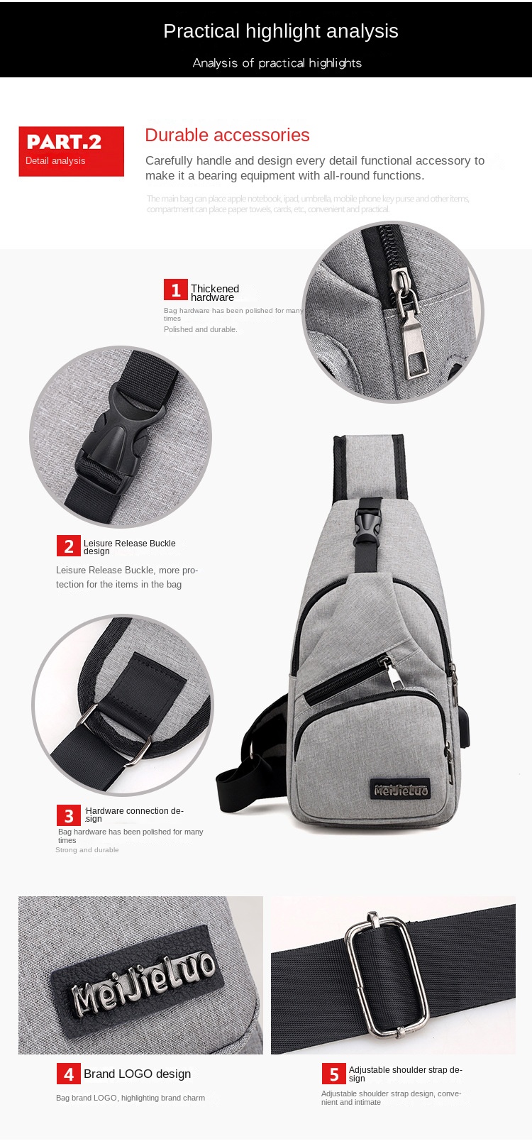 Casual Male Usb Charging Sling Shoulder Belt Bag Men Fanny Pack Chest Bag For Men