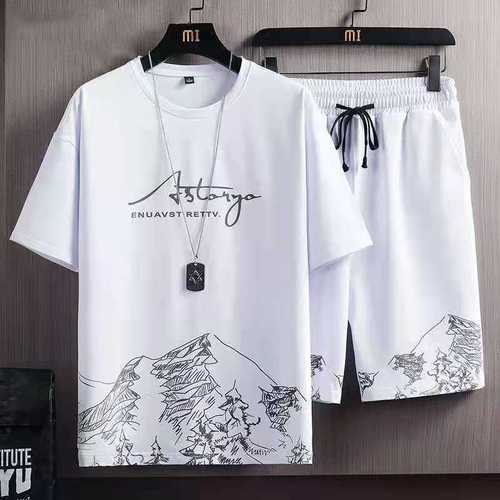 Breathable Casual T Shirt Running Set Harajuku Male Suit Men's 2pcs Set T-shirt + Shorts Set