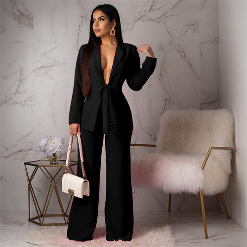 R21072S Pure Color Loose Waistband Two Piece Set Women'S Office Formal Suits & Tuxedo