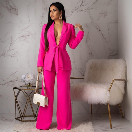 R21072S Pure Color Loose Waistband Two Piece Set Women'S Office Formal Suits & Tuxedo