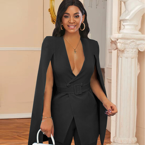 Sexy Deep V Neck Cape Sleeve Button Cardigan Blazer Set With Belt Office Lady Formal Womens Suits Business Woman Blazer 