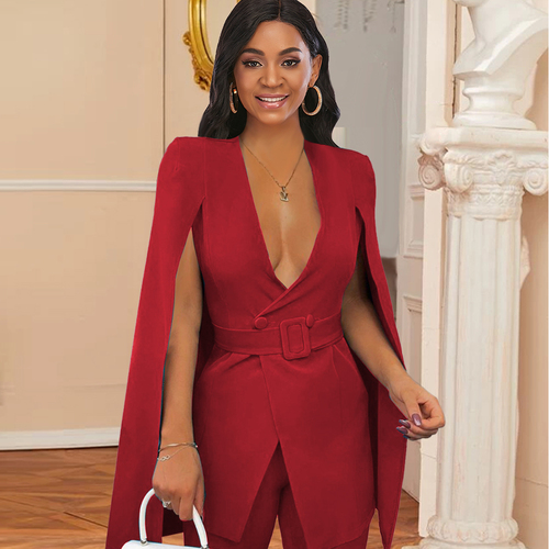 Sexy Deep V Neck Cape Sleeve Button Cardigan Blazer Set With Belt Office Lady Formal Womens Suits Business Woman Blazer 