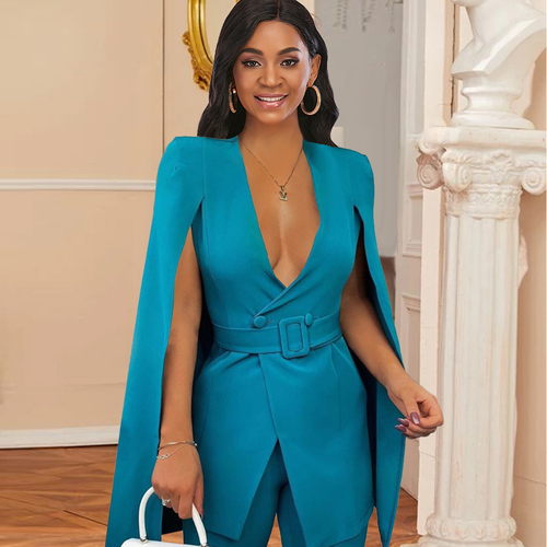 Sexy Deep V Neck Cape Sleeve Button Cardigan Blazer Set With Belt Office Lady Formal Womens Suits Business Woman Blazer 