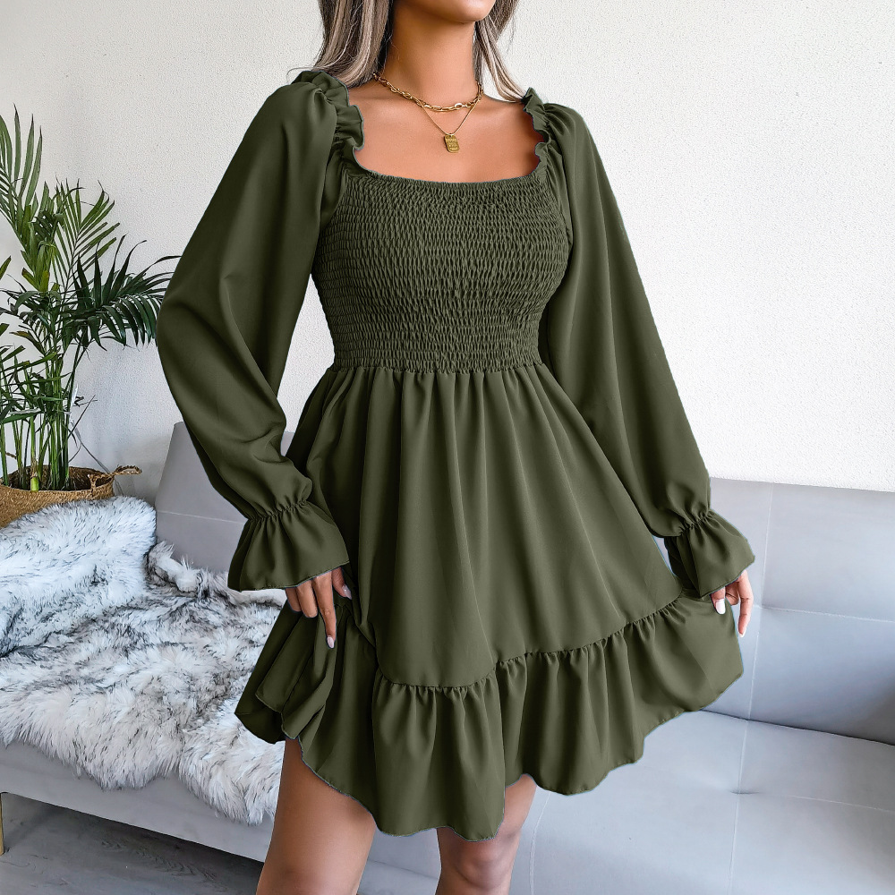 2023 autumn and winter European and American square neck flared long sleeves ruffled swing dress women's clothing