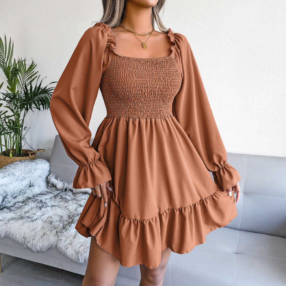 2023 autumn and winter European and American square neck flared long sleeves ruffled swing dress women's clothing