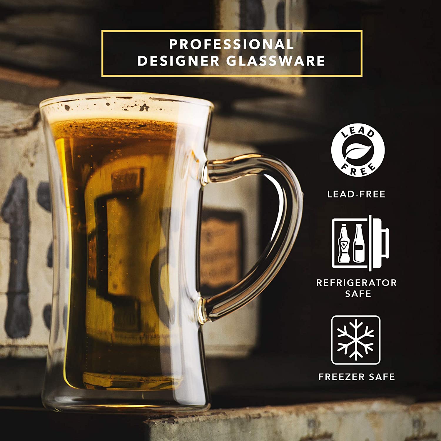 Beer Mug, Insulated Double Walled Glass Stein, Premium Packaging for Gifting, 13.5-Ounce