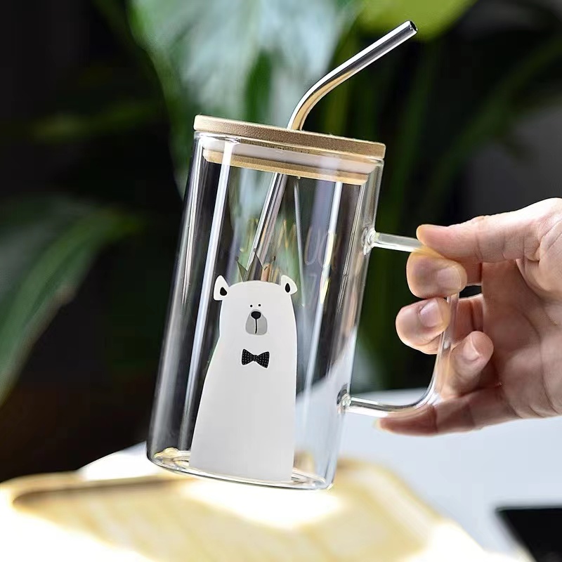   printed high borosolicate glass milk tea coffee mugs measure cup with handle