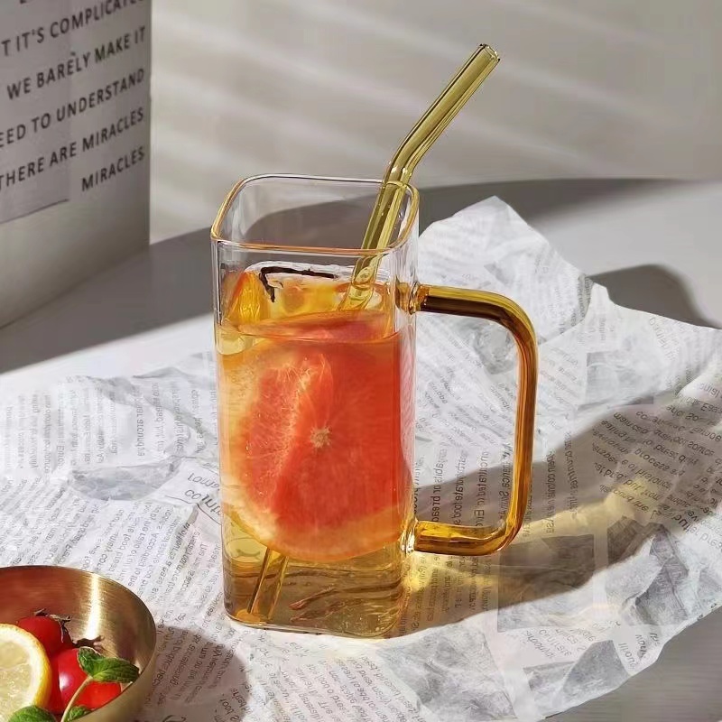   printed high borosolicate glass milk tea coffee mugs measure cup with handle