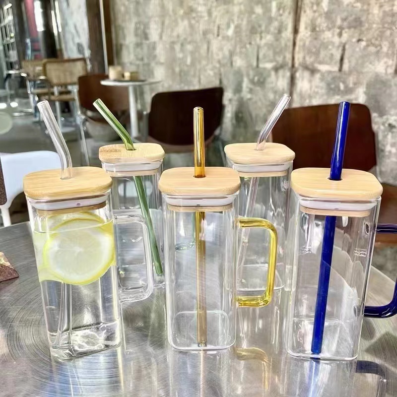   printed high borosolicate glass milk tea coffee mugs measure cup with handle